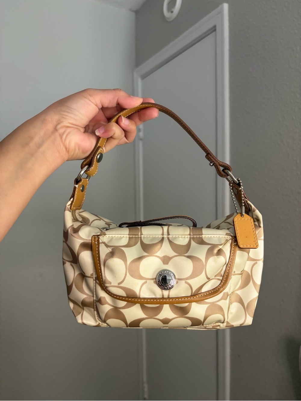 Coach Beige & Tan Signature Canvas Mini Shoulder Bag